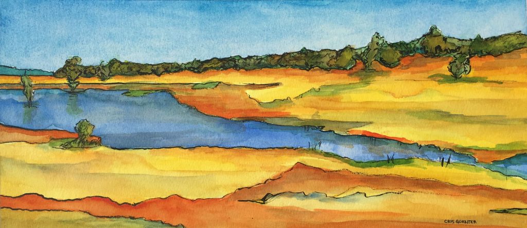 Cris Guenter, Horseshoe Lake, 2018, Ink and Watercolor, 16x7 inches