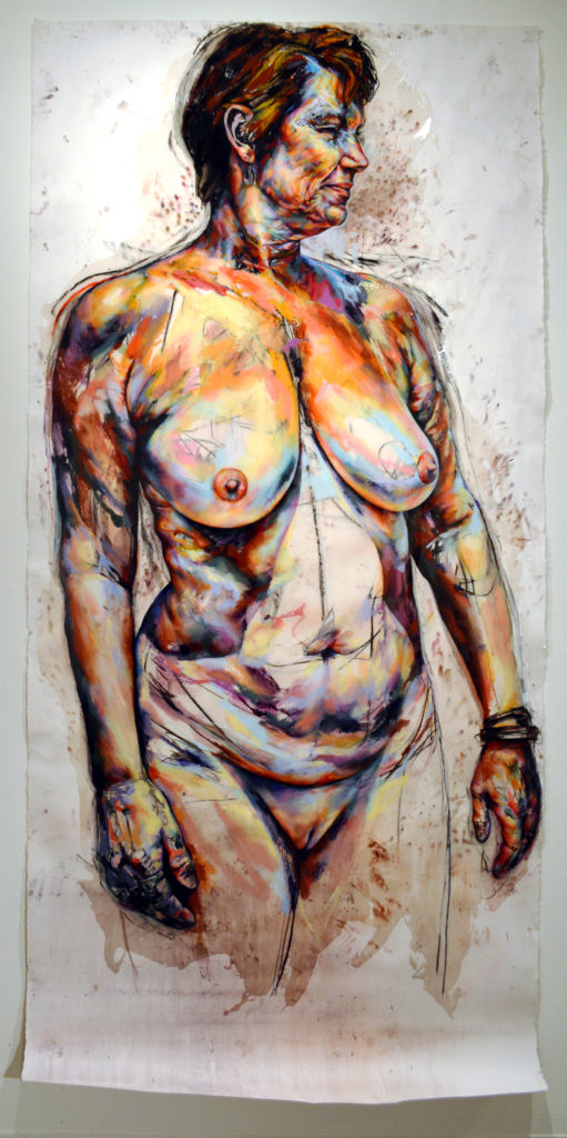 GHISLAINE FREMAUX
Erin, 2017
Pastel, resin on paper. NFS

This drawing belongs to a body of work examining the practice of nudism among senior citizens. My subjects' participation was voluntary, and they were not posed. Rather, their very agency instructed my portrayal of them. This work intends to retrieve nakedness and aging from a culture that exploits and maligns both, and to exalt the embodied experiences of older people. Drawing is my means of palpating, charting, and experimenting within corporeality. The portrait begins when my subject and I become visible and thus also responsible to one another. I mine excruciating color from their skin, disclosing it in brittle chalk with my fingers. I make them huge because they are huge. In the intractability of trying to see or know somebody, in the wilds of flesh and gazes, they are huge. I put them into paper because paper is mutable, and can suffer like skin can. I terminate our encounter when I fossilize them there under glossy resin.

