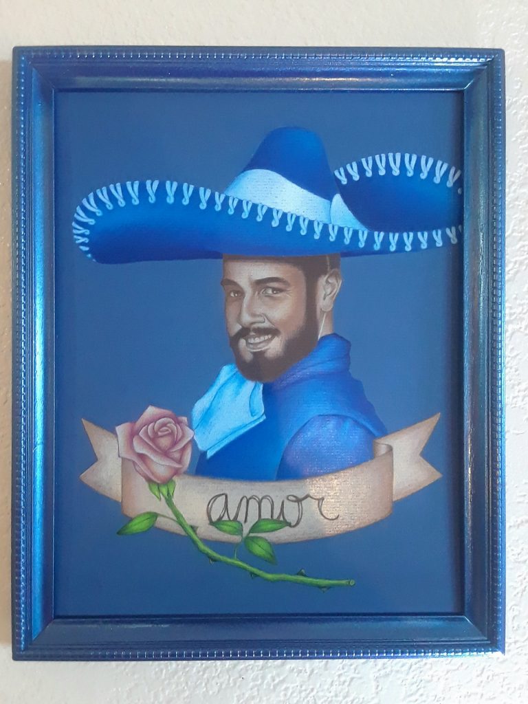 RYAN RAMOS
Amor, 2018
Colored pencil on paper
$200

With this drawing I wanted to make an exaggerated romantic portrait that challenges the machismo prized in Mexican culture. This image intentionally crosses into camp as a way of taking a laugh at traditional perceptions.
