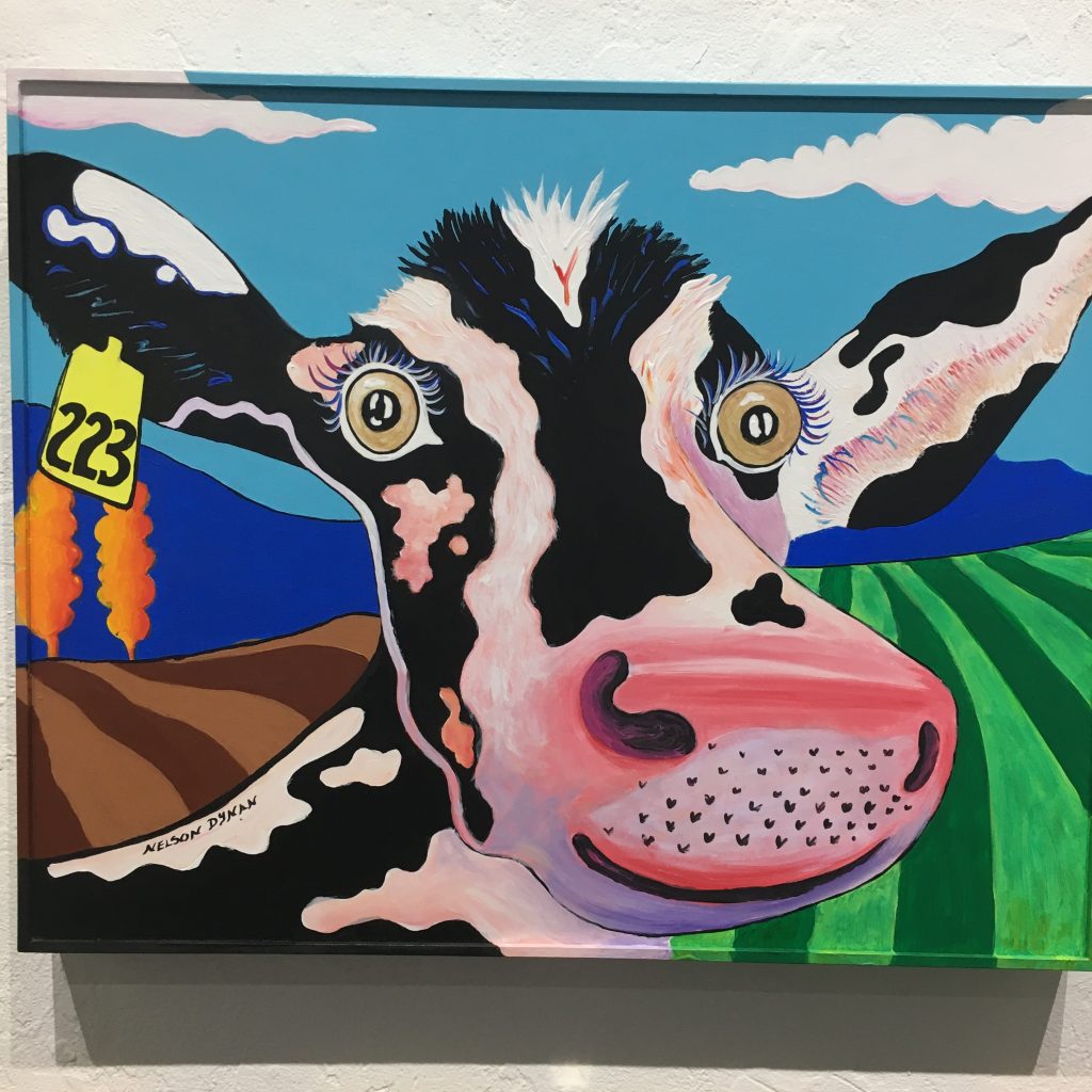 "Cow 223", Acrylic on board, approx. 18x20" $245.

Also known as the hot chocolate cow because the ranch hands milk her into cups of Cocoa on Sunday mornings.