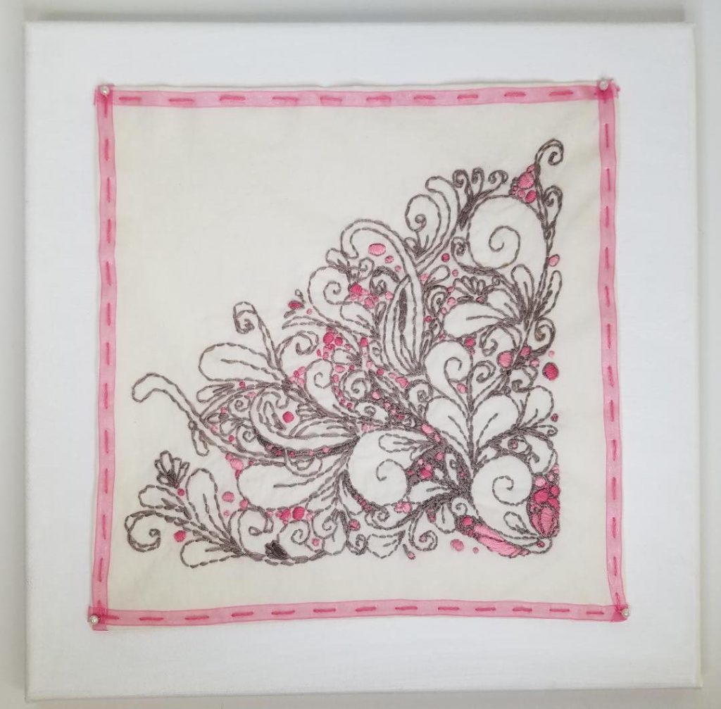 Lisa Freeman-Wood, 		"Embroidery - Pink and Taupe Free Form", NFS.		I decided to pick up embroidery again when the Stay at Home order came. I had done some embroidery as well as sewing, and macrame when I was in my 20's. I ordered a kit with lots of thread in many colors and the things I'd need to get started again. I worked my way thru a couple of samplers and decided to do something different. I did not draw this design and it was not originally for embroidery but I thought it would be interesting to do. It is not perfect but it was fun to do and I learned a lot. I pinned it to a canvas I had.
