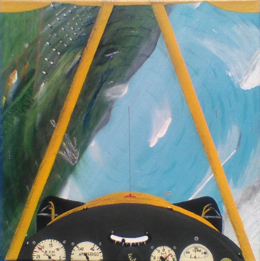 Dan Fregin, "Piper Cub in a roll", 1 of 3, house paint, $300 for set. Rolls were not very exciting but you could not use much rudder to counteract adverse yaw from about 60 degrees of roll through about 240 degrees or you would end up with some nose-down yaw.