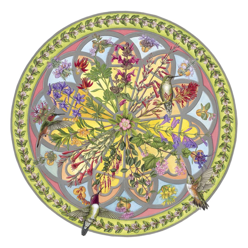 Erin Hunter (California), Floral Compass, 
2017, acrylic, 24 x 24 inches (unframed), NFS
