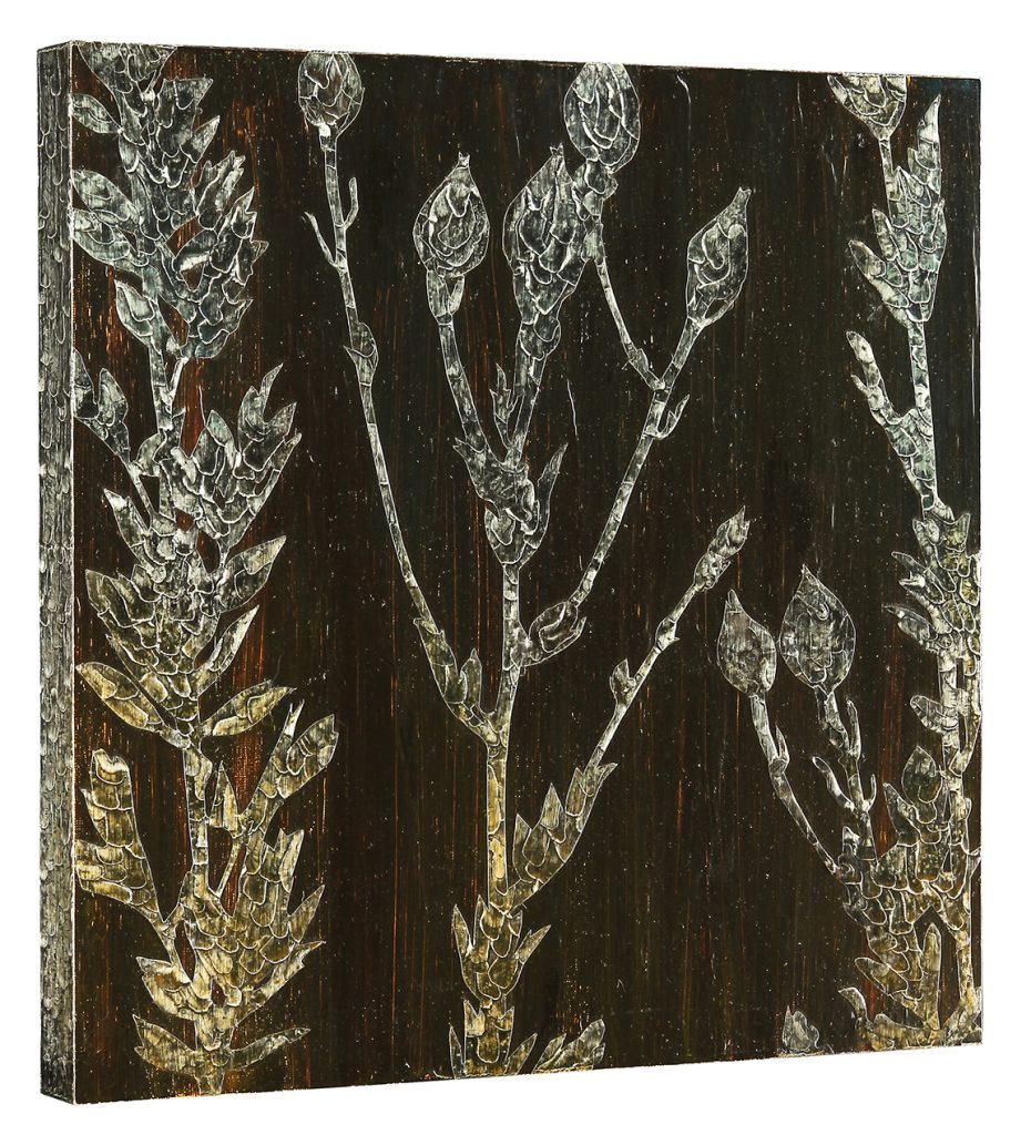 Sawyer Rose (California), Queen of Flowers 2013, oil on panel, silver solder, copper, 16 x 16 x 1.5 inches, $950