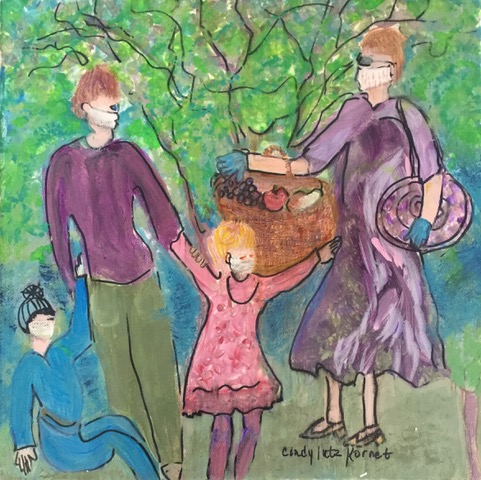 Cindy Kornet (Longmeadow, MA), "Family Picnic", acrylic, ink, NFS. A mountain of souls.  So many elderly in our community from the soldiers home and JGS passed, it was heartbreaking.  I transformed my sadness into this piece as I wondered what heaven would be like so many souls were arriving at the same time.  I believe that others were welcoming and helping and peace was still prevailing.