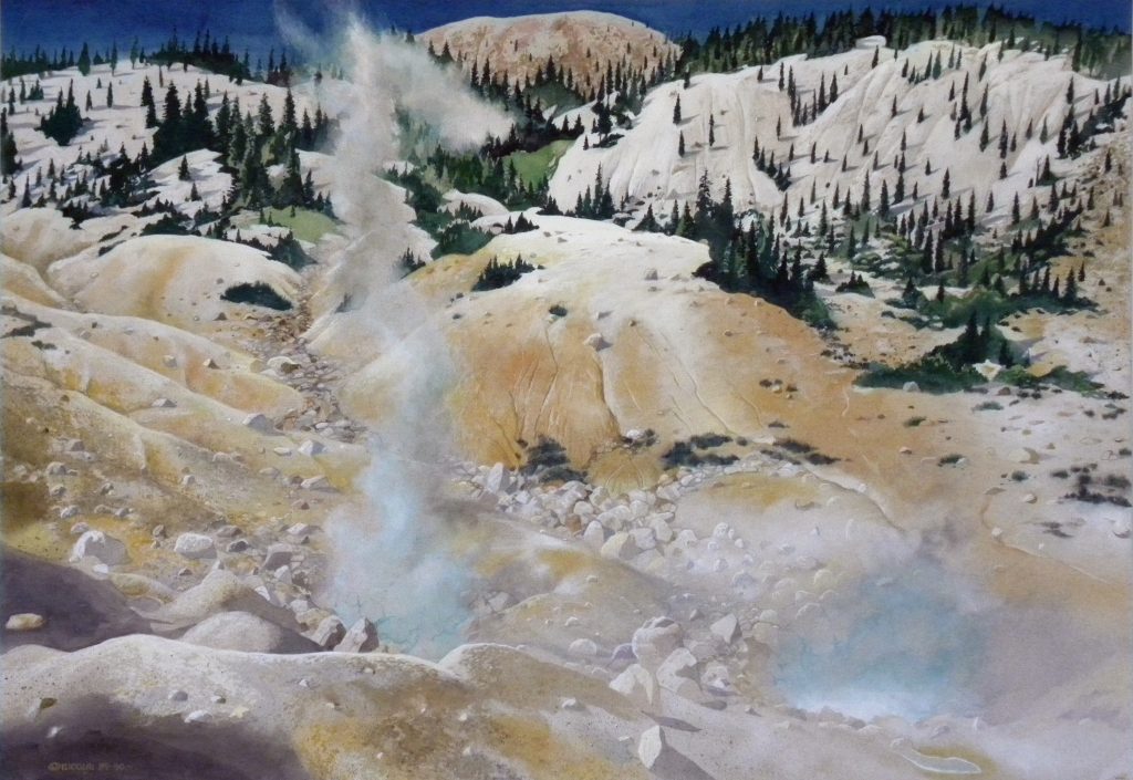 Nicolai Larsen, "Bumpass Hell", gouache on board, 20x 30", $5000.  An excursion into the volcanic world of Lassen Peak painted with gouache on tinted museum board. 
 Gouache is a water-based medium like watercolor except it is opaque and not transparent. Traditional watercolors are usually painted on white paper so that light will reflect off the surface and through the paint colors directly to the eye. With gouache, whites and light colors are obtained with the addition of Chinese white allowing the artist to paint on a darker surface such as tinted museum board.