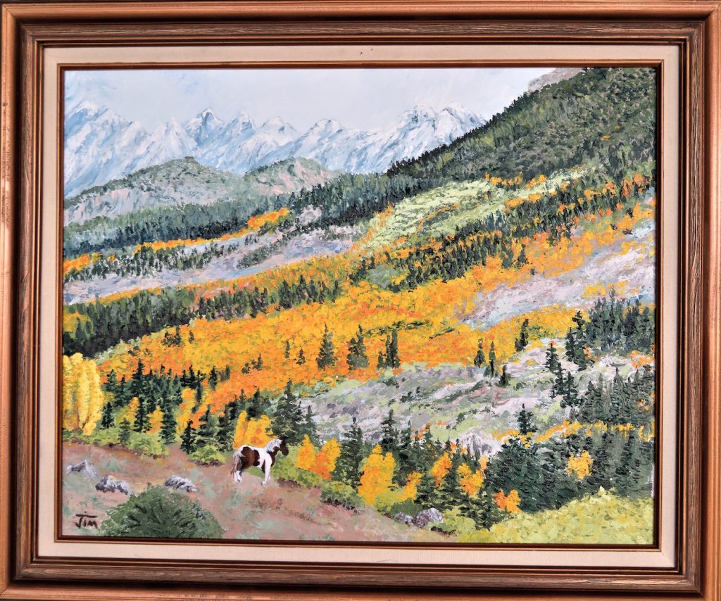 Jim Lawrence, "The Pinto", Acrylic on canvas, 16"x20", $400.	I've been wanting to paint a landscape for a while but my attempts with a brush were not very successful, so I tried a pallet knife. The approach I took was to start at the top and work my way down the scene, finishing the painting as I went. One tab of paint at a time, one tree at a time, it felt a little like a meditation practice. I think I've found my inspiration for a while.