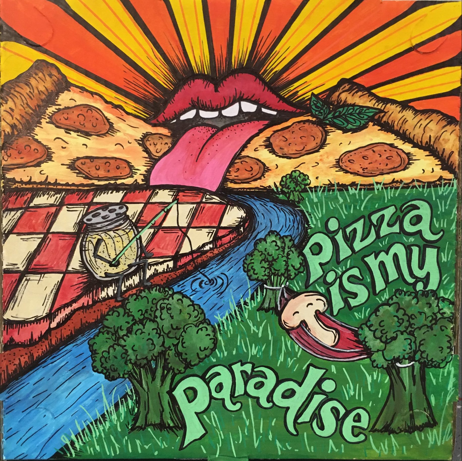 Kelly Thomas, "Pizza is My Paradise", 2021, Acrylic & Sharpies