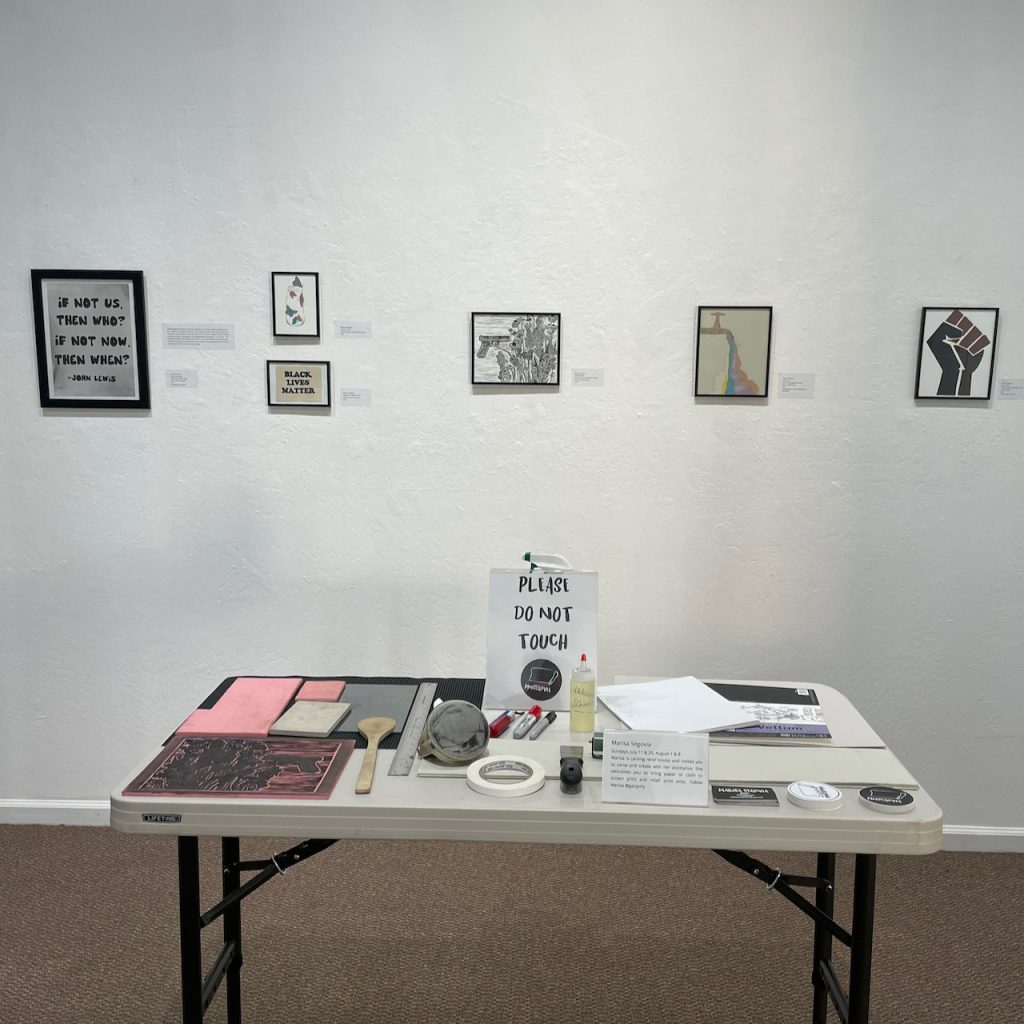 Marisa Segovia's work table with linocut materials
