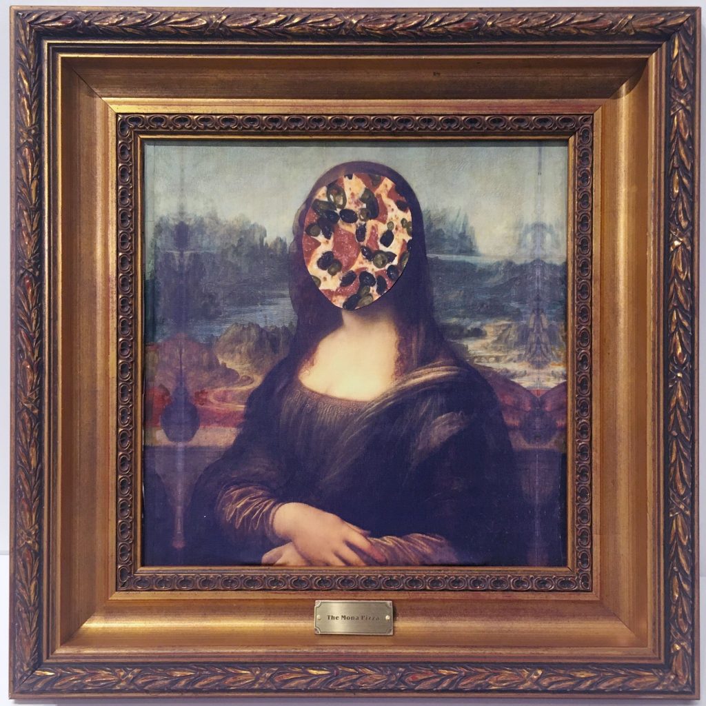 "The Mona Pizza" by Elizabeth Rex. The pizza box is part of the art and has been framed.